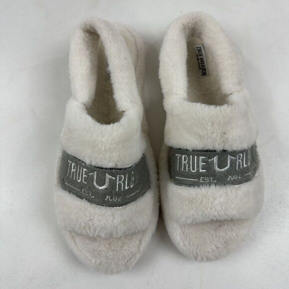 True Religion Plush Faux Fur Slide Slippers Sling Back Fuzzy Ivory XL 9.5-10.5 - Picture 3 of 11